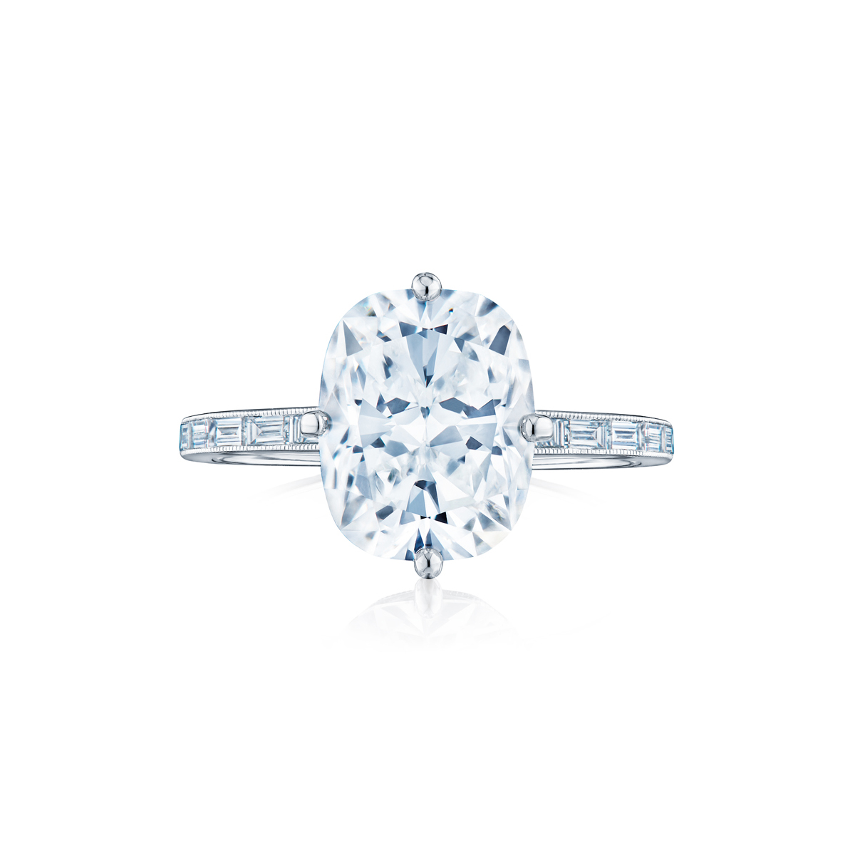 Kwiat Cushion Diamond Compass Set Engagement Ring with Baguette Band in Platinum