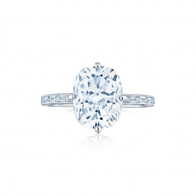 Kwiat Cushion Diamond Compass Set Engagement Ring with Baguette Band in Platinum