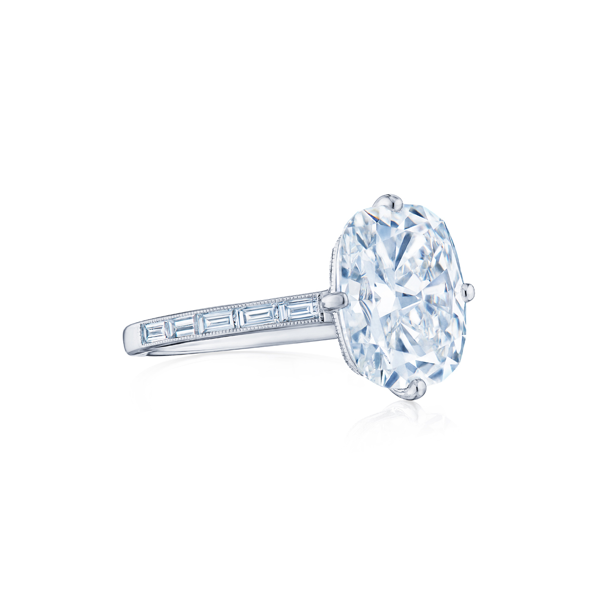 Kwiat Cushion Diamond Compass Set Engagement Ring with Baguette Band in Platinum