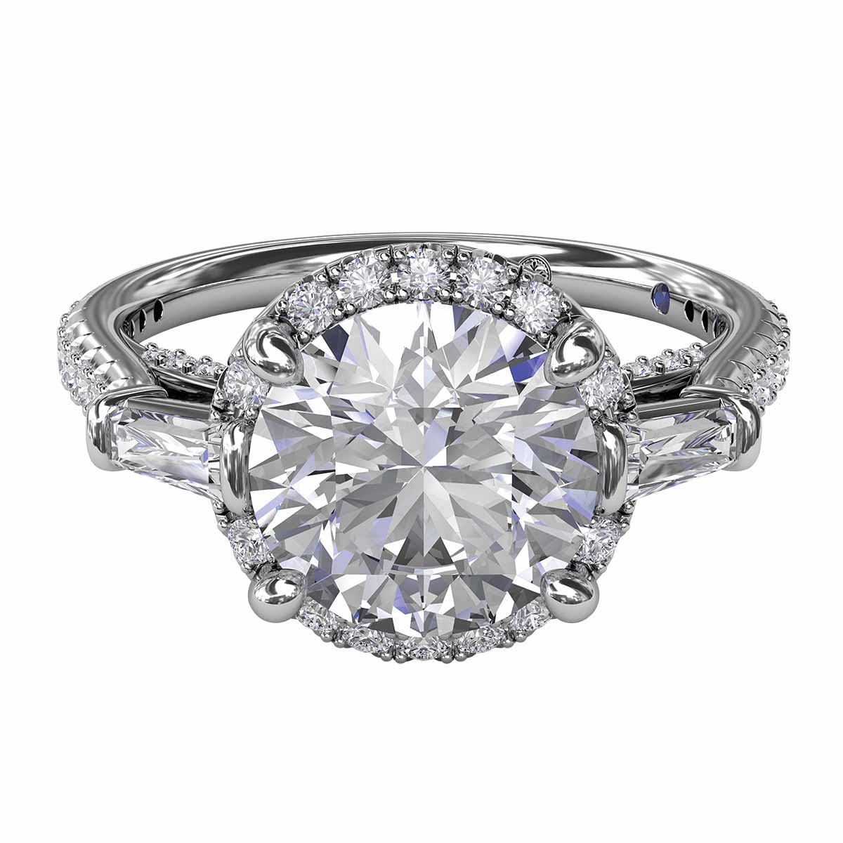 Diamond Halo Engagement Ring Setting with Tapered Baguettes in White Gold