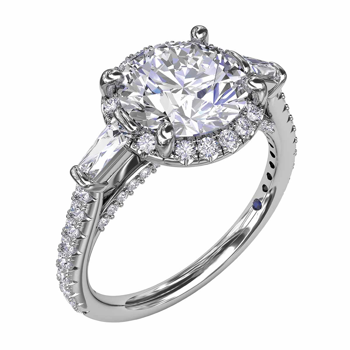 Diamond Halo Engagement Ring Setting with Tapered Baguettes in White Gold