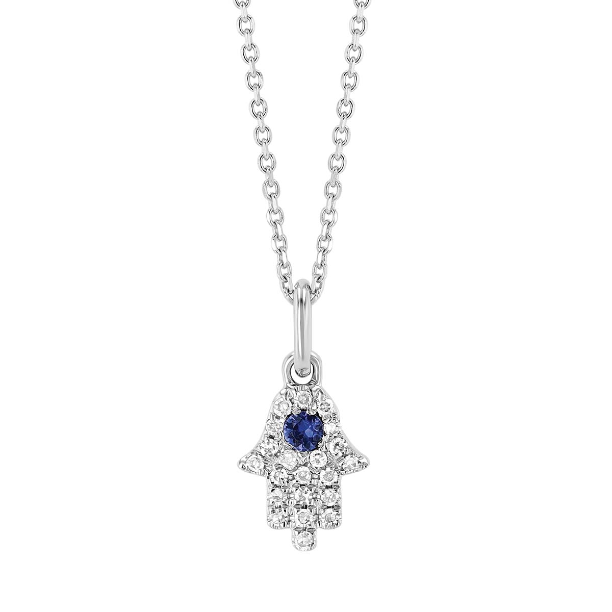 Sapphire & Diamond Pavé Hamsa Pendant in White Gold, 16