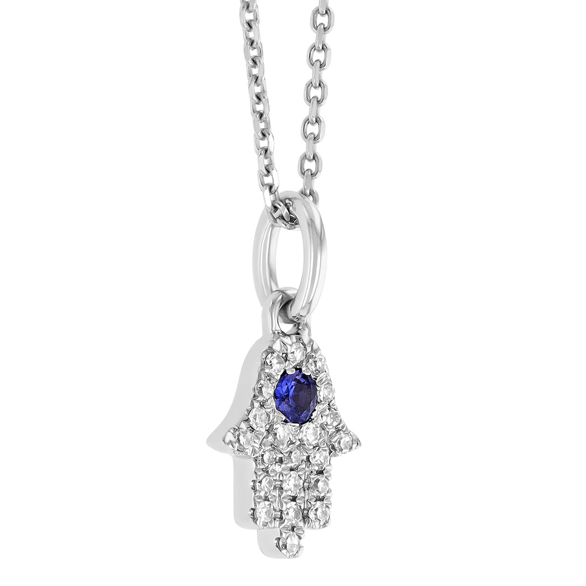 Sapphire & Diamond Pavé Hamsa Pendant in White Gold, 16