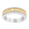 Cushion Yellow Diamond & Round White Diamond 3 Row Ring in White & Yellow Gold