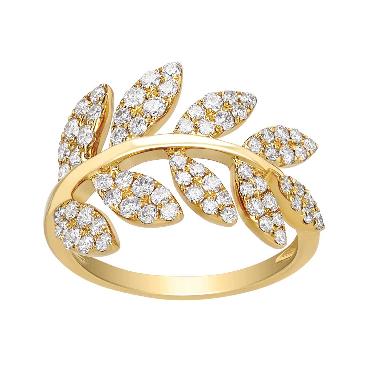 Diamond Pave Leaf Pattern Ring in Yellow Gold
