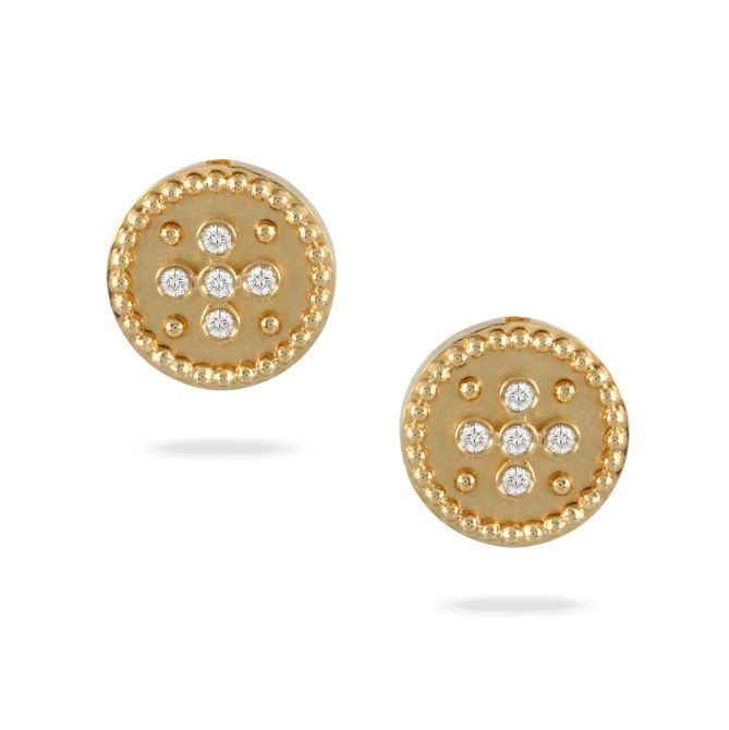 Doves Diamond & Milgrain Patterned Disc Stud Earrings in Yellow Gold