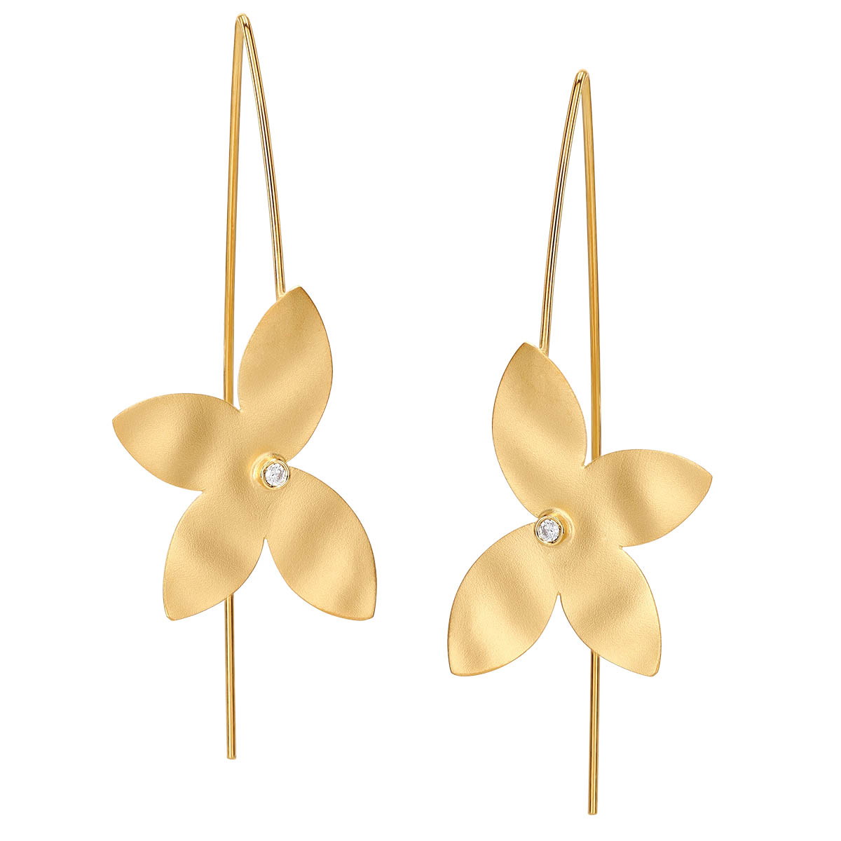 Marika Flower Wire Drop Earrings in Yellow Gold with Diamond Accent