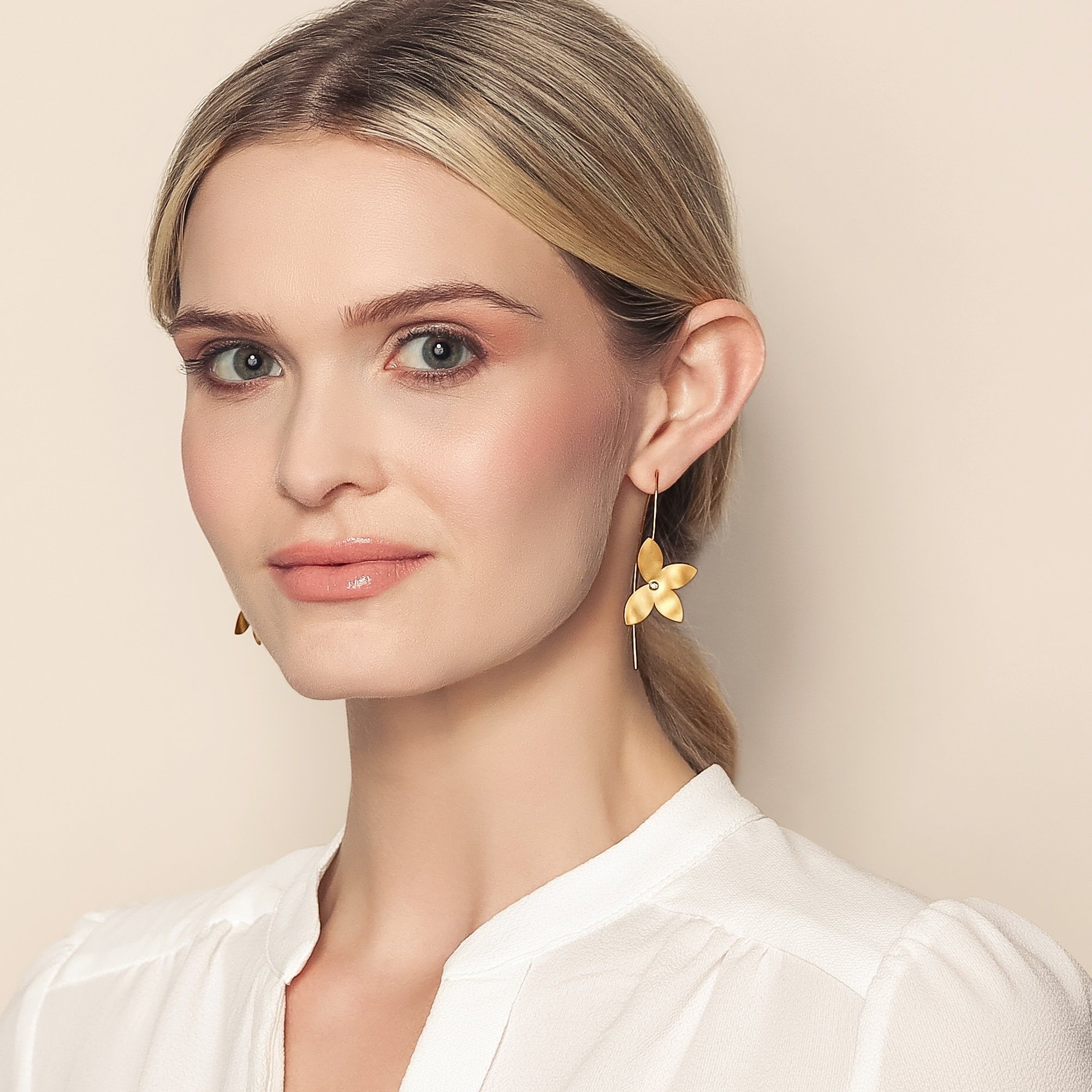 Marika Flower Wire Drop Earrings in Yellow Gold with Diamond Accent