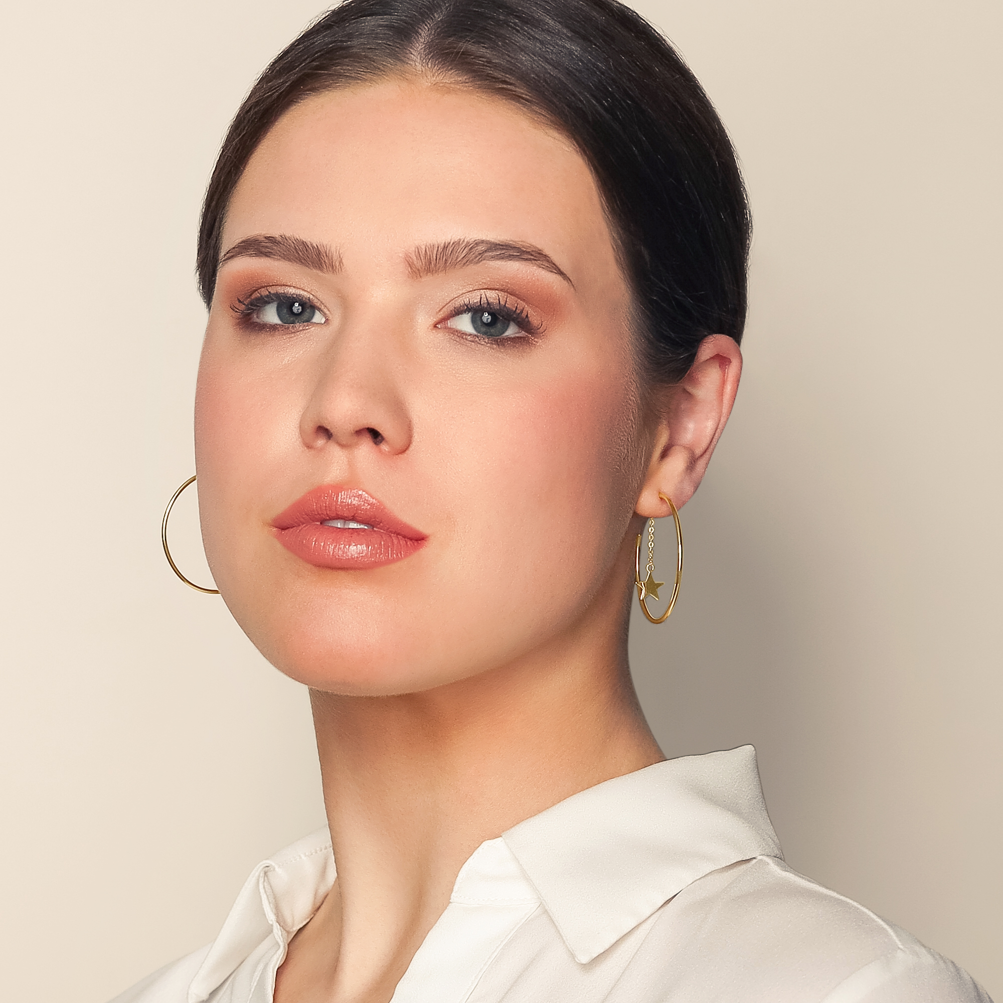 Yellow Gold Thin Hoop Earrings with Star Charm Dangles