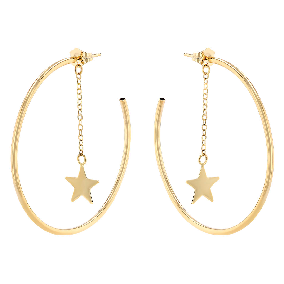 Yellow Gold Thin Hoop Earrings with Star Charm Dangles