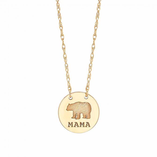 Yellow Gold Mama Bear Disc Pendant, 18"