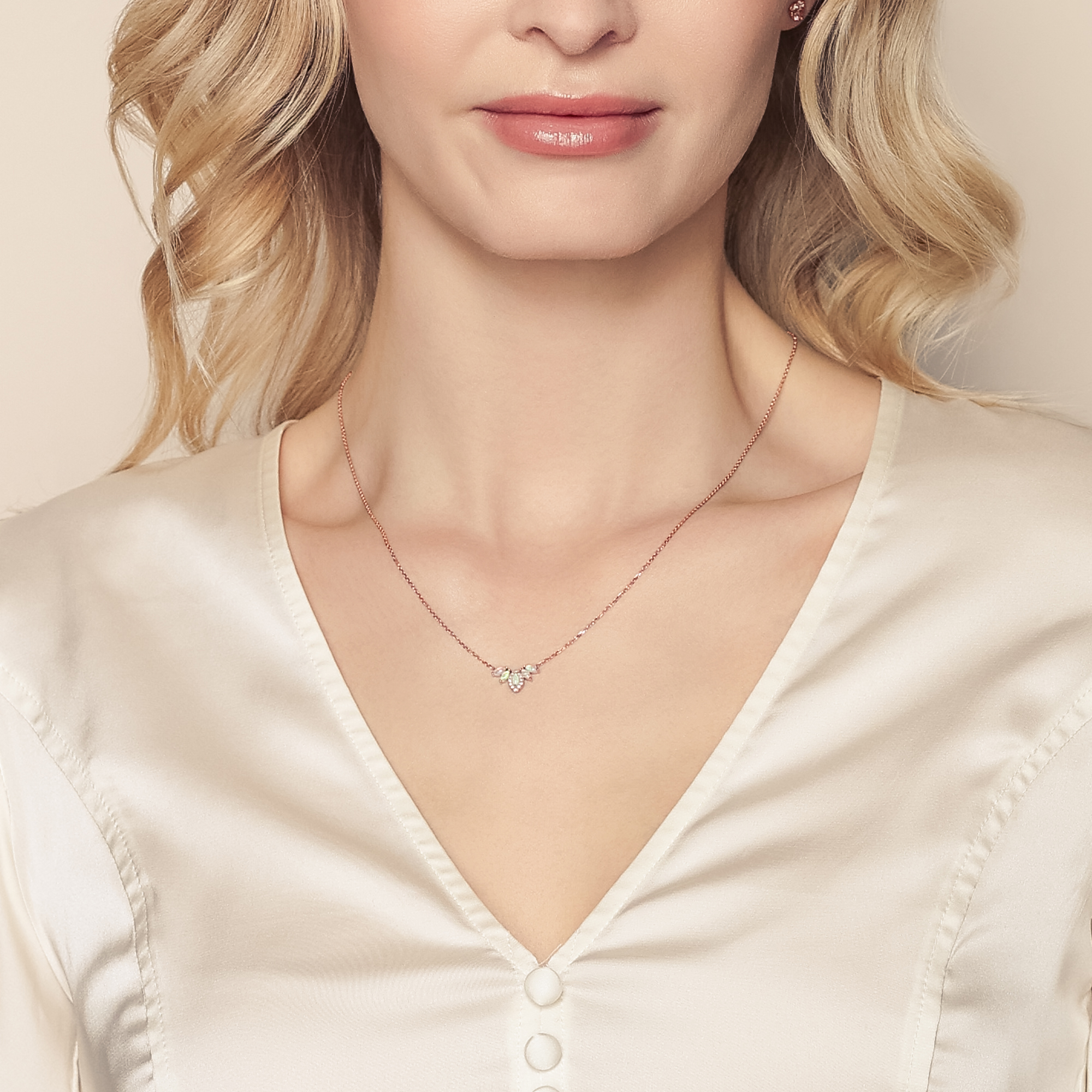White Opal & Diamond Halo Marquise Shaped Tiara Necklace in Rose Gold, 18