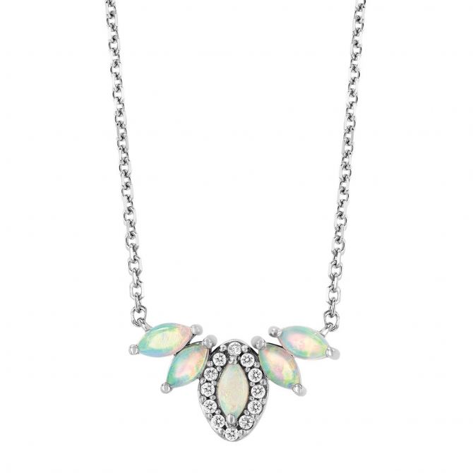 Marquise Cabochon Opal & Diamond 5 Petal Pendant in White Gold, 18"