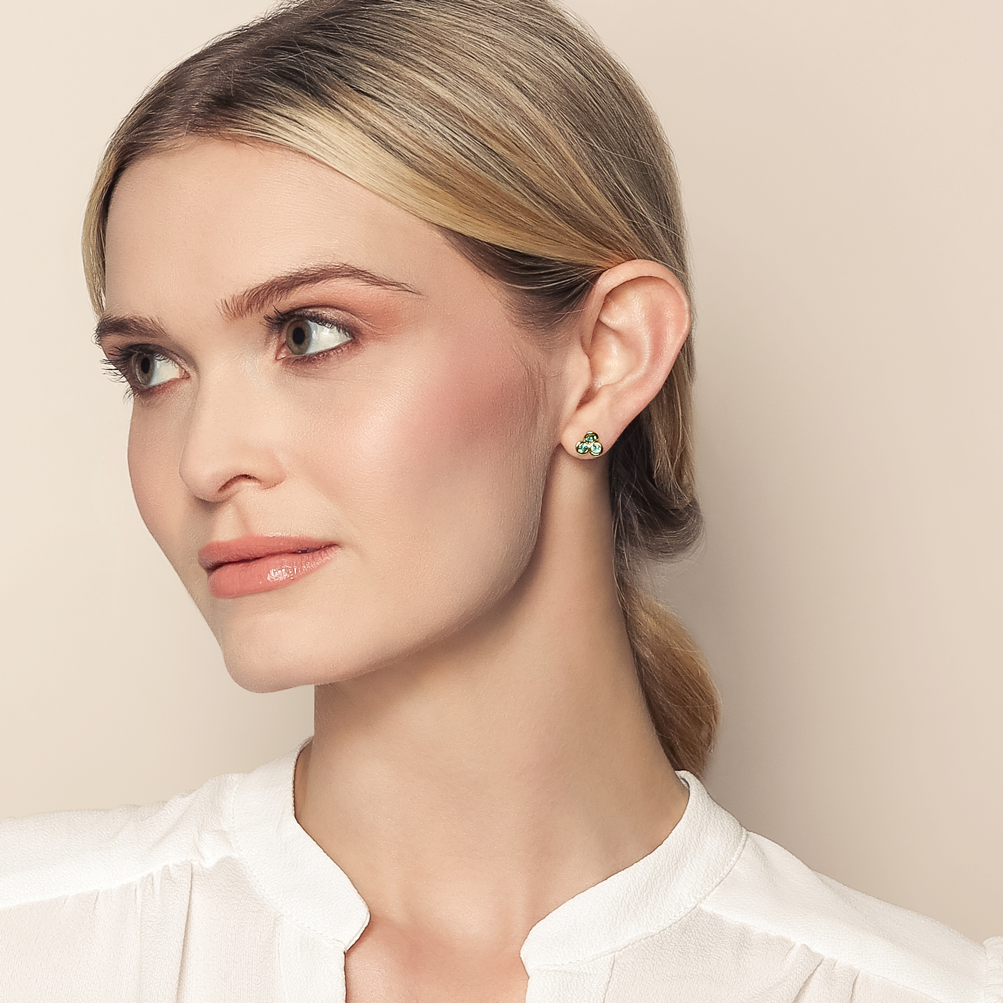 Emerald Petal Trio & Diamond Center Stud Earrings in Yellow Gold