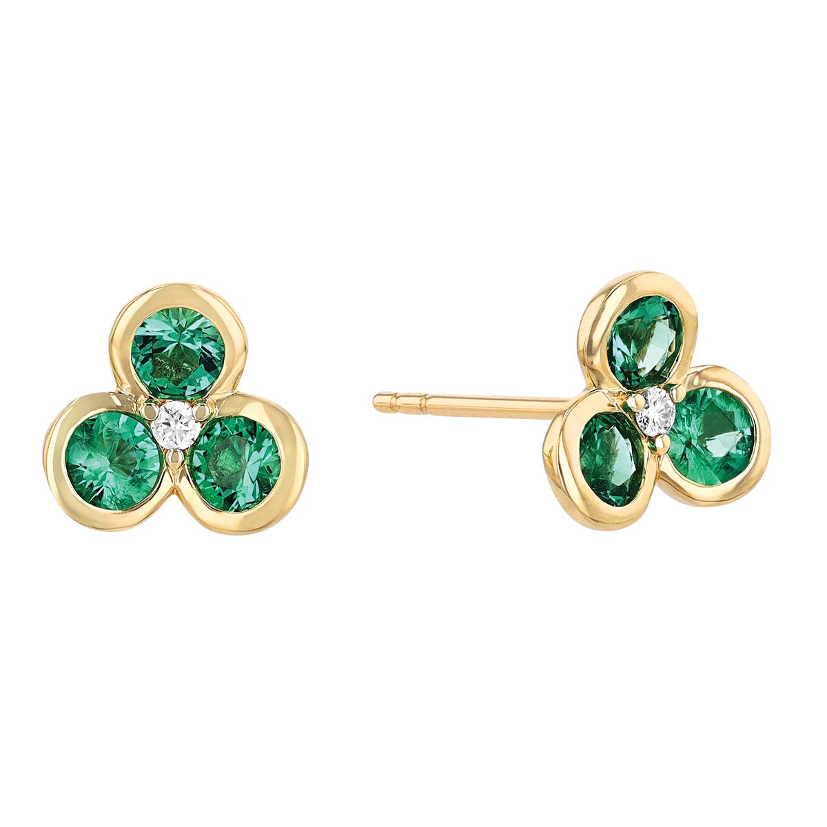 Emerald Petal Trio & Diamond Center Stud Earrings in Yellow Gold