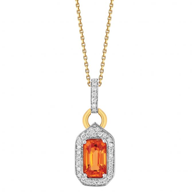 Emerald Cut Spessartine Garnet & Diamond Halo Pendant in White & Yellow Gold