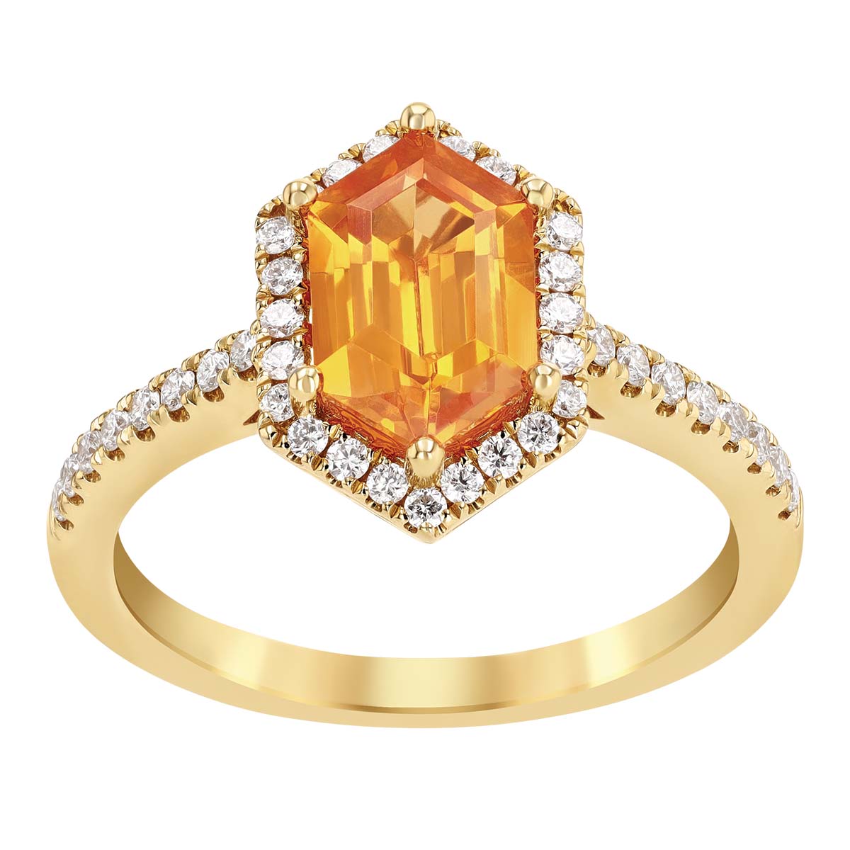Hexagon Spessartine Garnet & Diamond Pointed Halo and Shank Ring in Yellow Gold