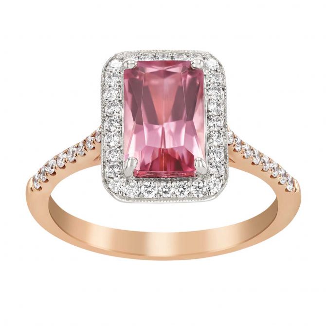 Emerald Cut Pink Tourmaline & Diamond Halo Ring in Rose Gold