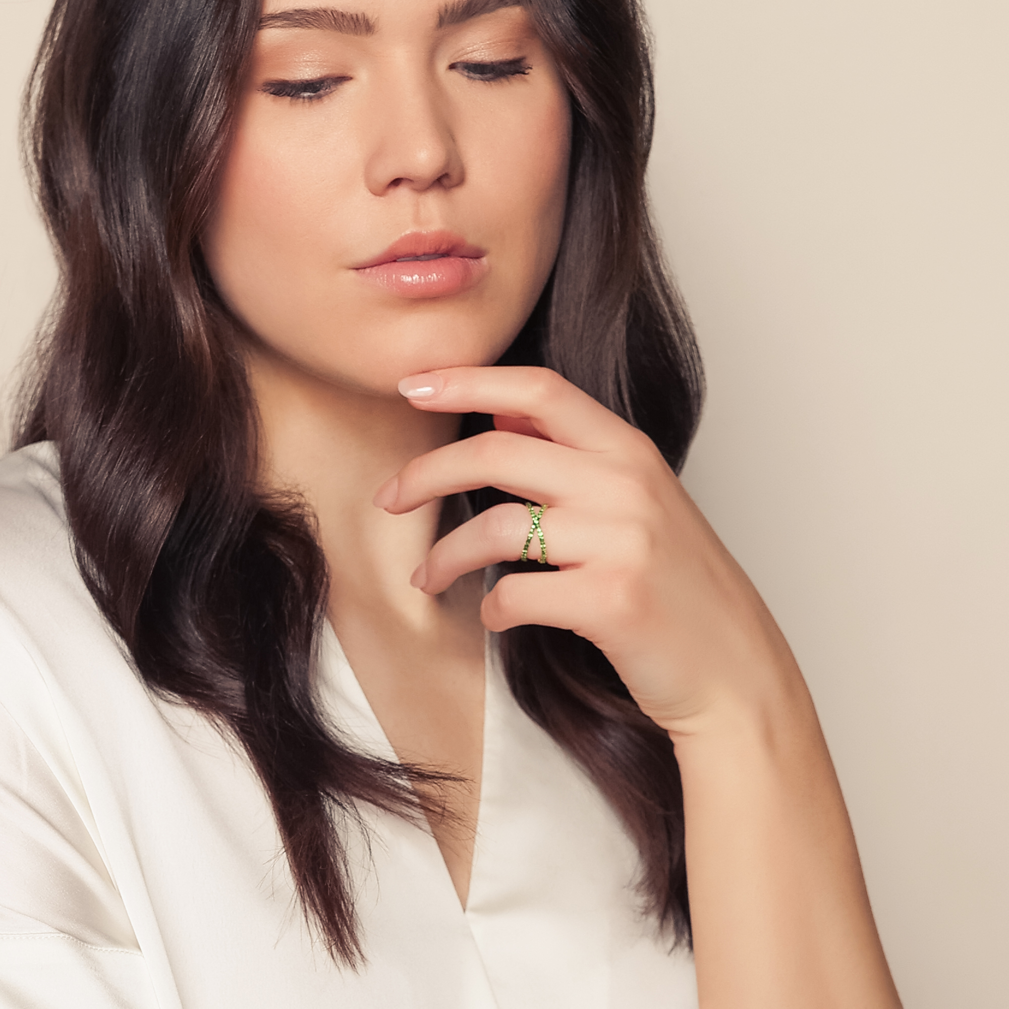 Green Tsavorite Garnet Crossover Ring in Yellow Gold & Black Rhodium