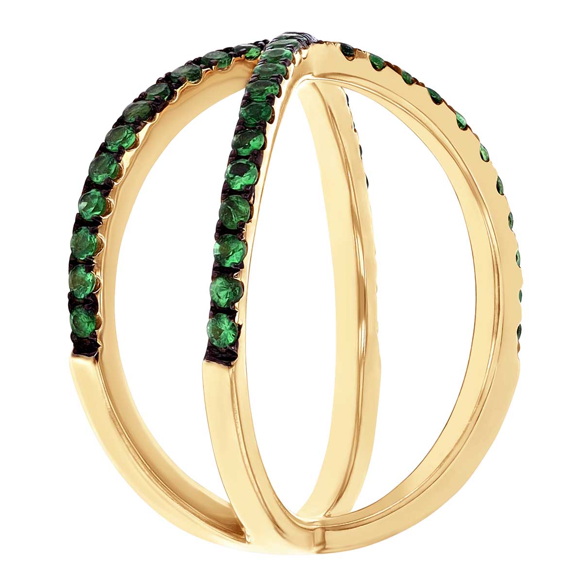 Green Tsavorite Garnet Crossover Ring in Yellow Gold & Black Rhodium