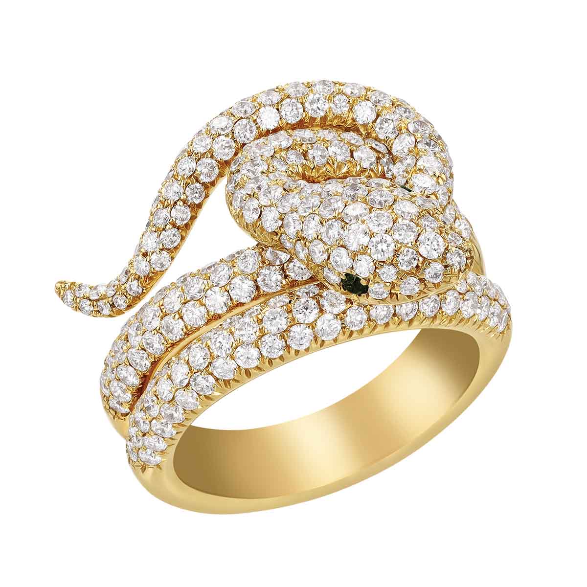 Diamond Pave Snake Ring with Emerald Accent in Yellow Gold