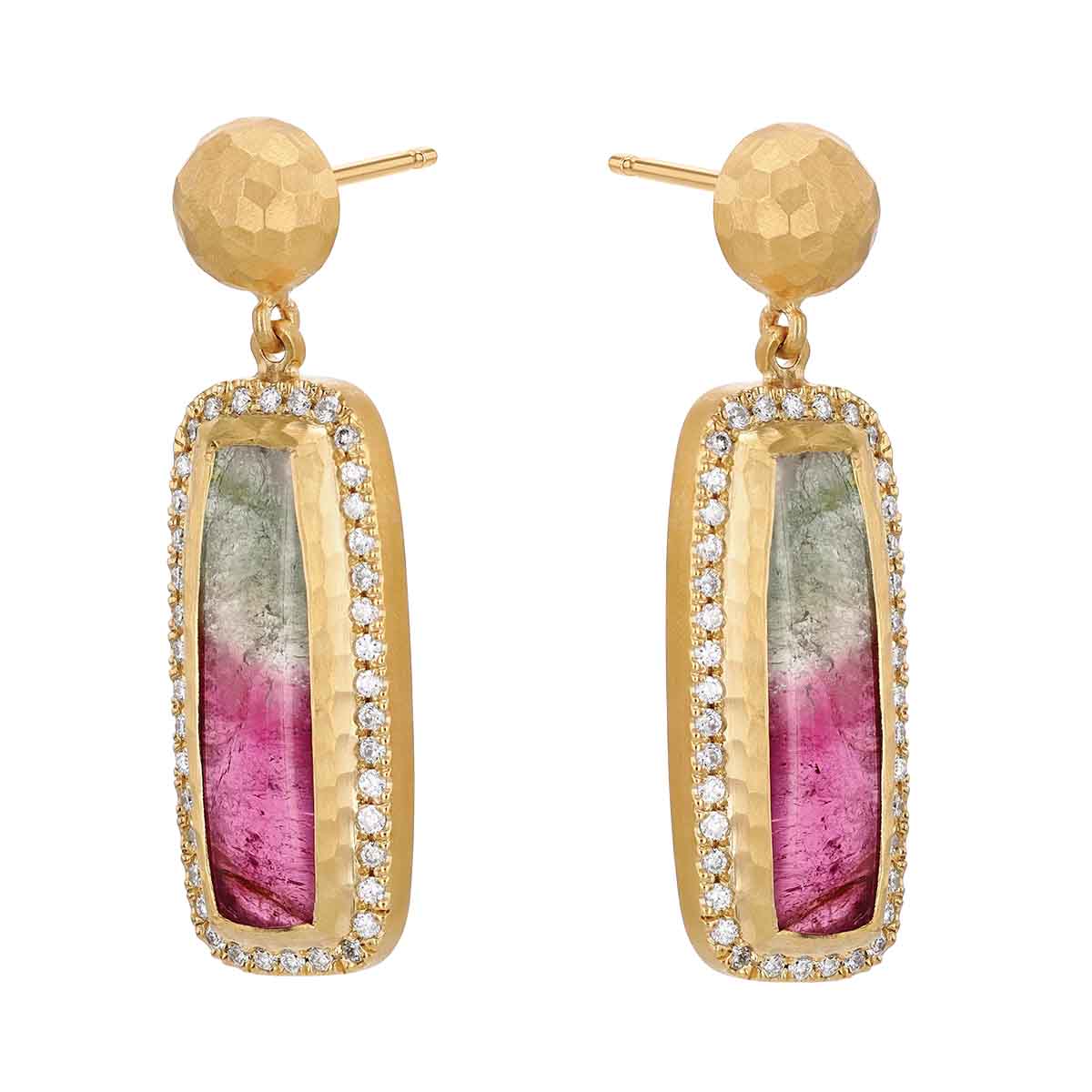 Marika Multicolored Tourmaline & Diamond Rectangle Dangle Earrings in Yellow Gold
