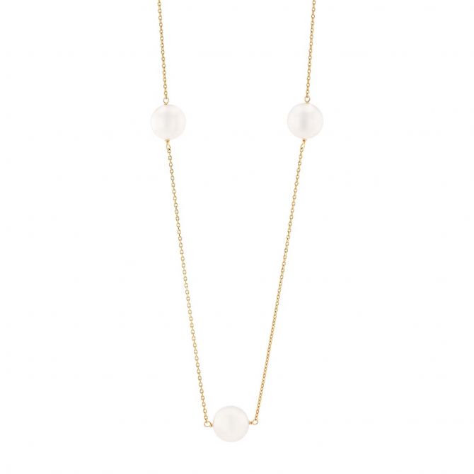 TARA Pearls White Cultured Pearl 3 Station Necklace in Yellow Gold, 19.5"