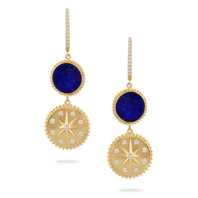 Doves Lapis Lazuli & Diamond Starburst Disc Drop Earrings in Yellow Gold