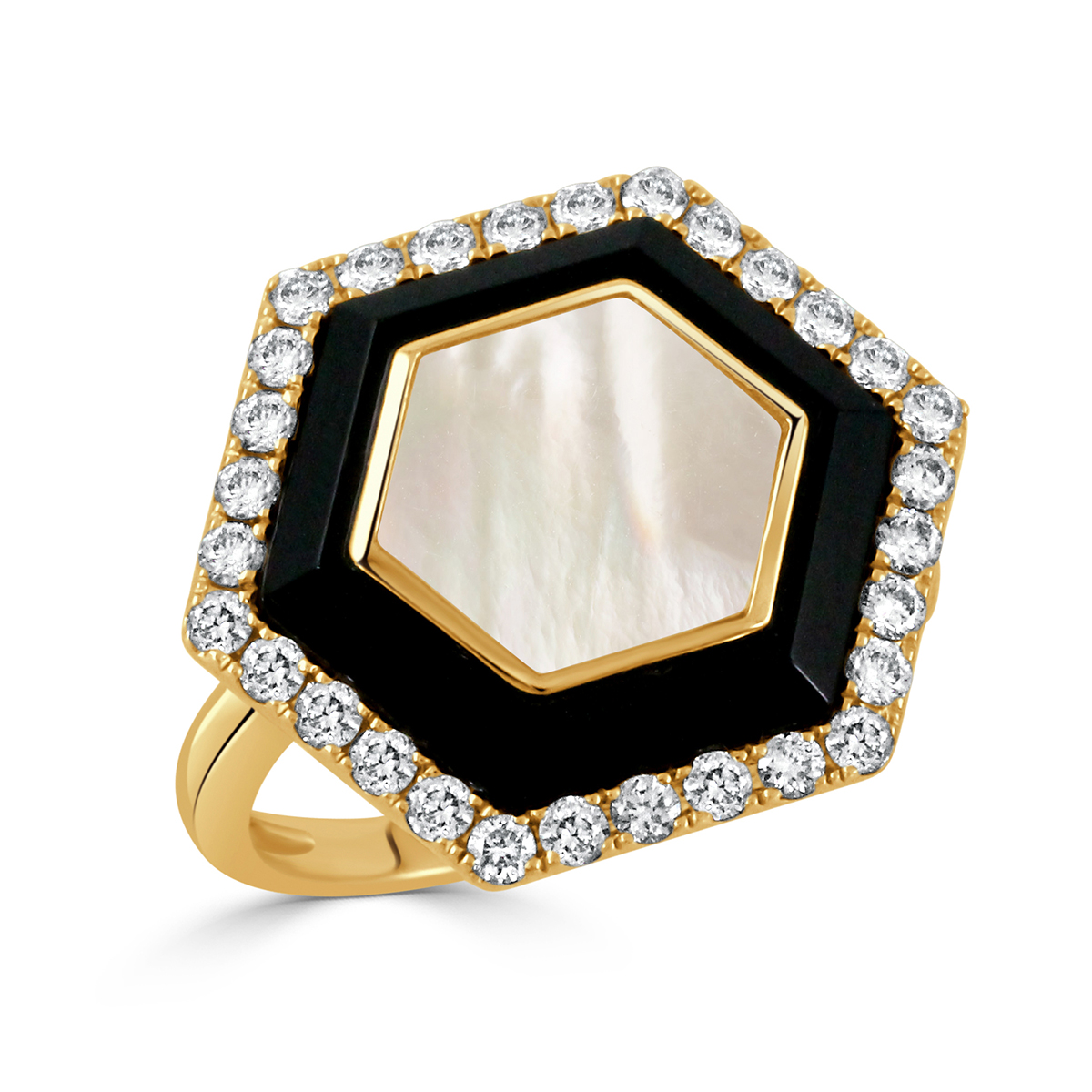 Doves Mother of Pearl, Onyx & Diamond Hexagon Ring in Yellow Gold