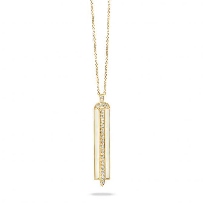 Doves White Orchid Mother of  Pearl & Diamond Long Bar Pendant in Yellow Gold, 18"