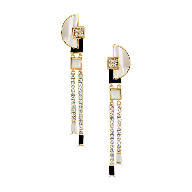 Doves Gatsby Mother of Pearl, Onyx & Diamond  Drop Earrings in Yellow Gold