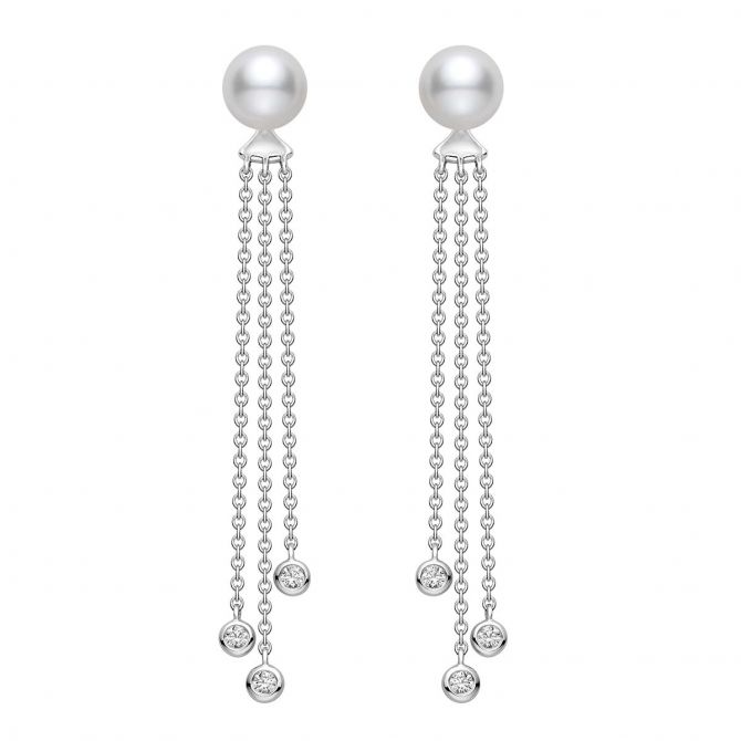 Mikimoto Akoya Cultured Pearl Stud Earrings with Diamond Dangle Chain Jackets in White Gold