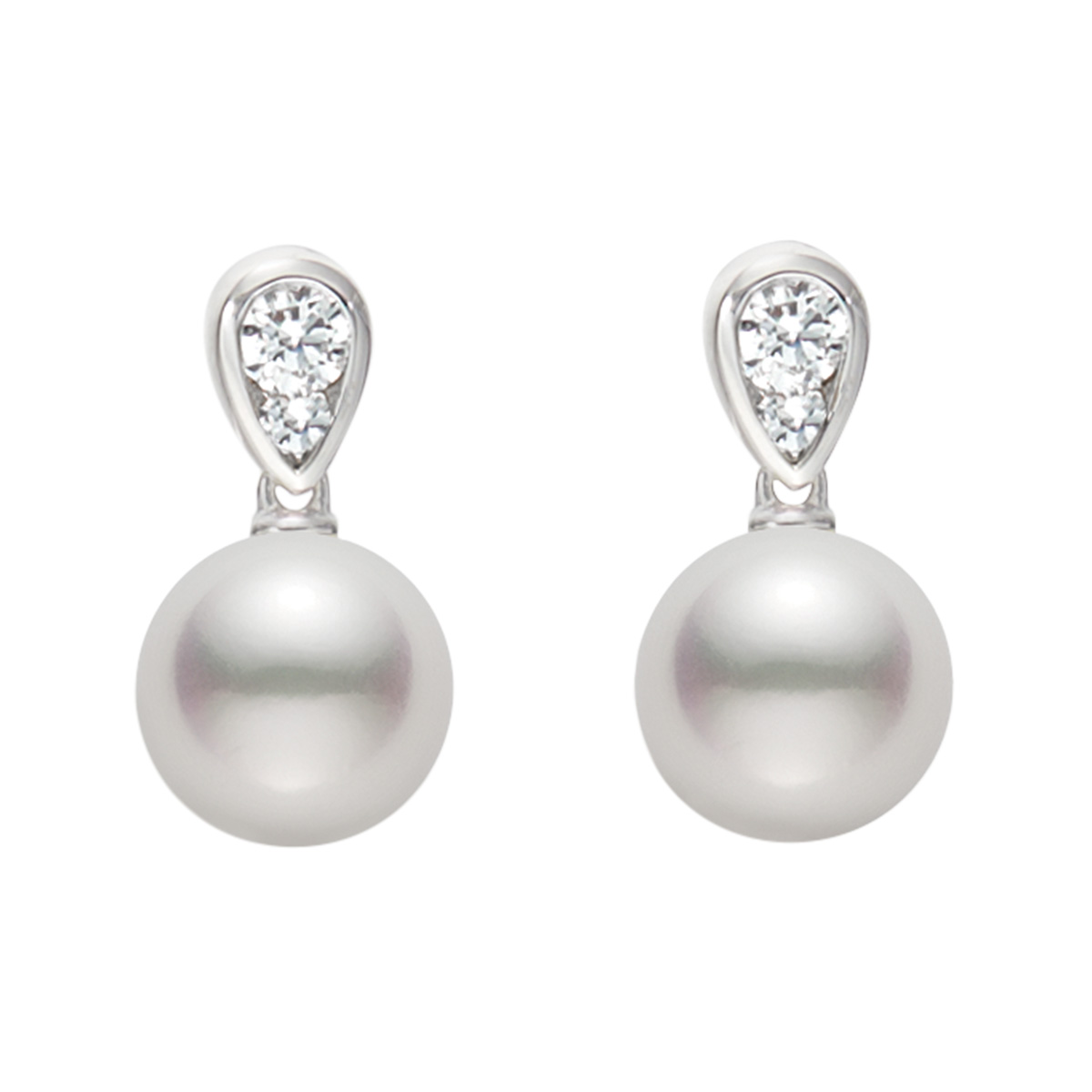 Mikimoto Akoya Cultured Pearl & Double Diamond Drop Earrings in White Gold