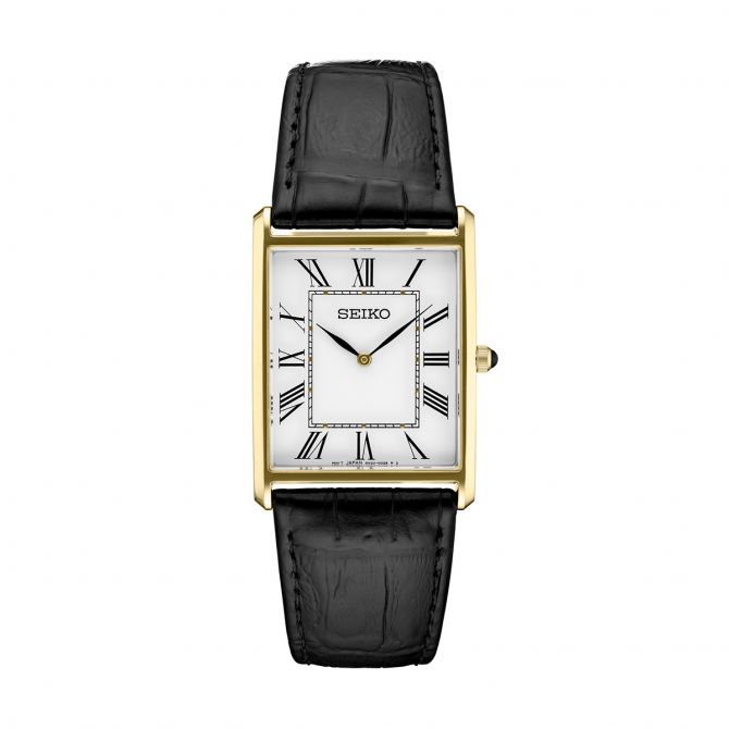 Seiko Essentials Black Leather Watch, White Dial