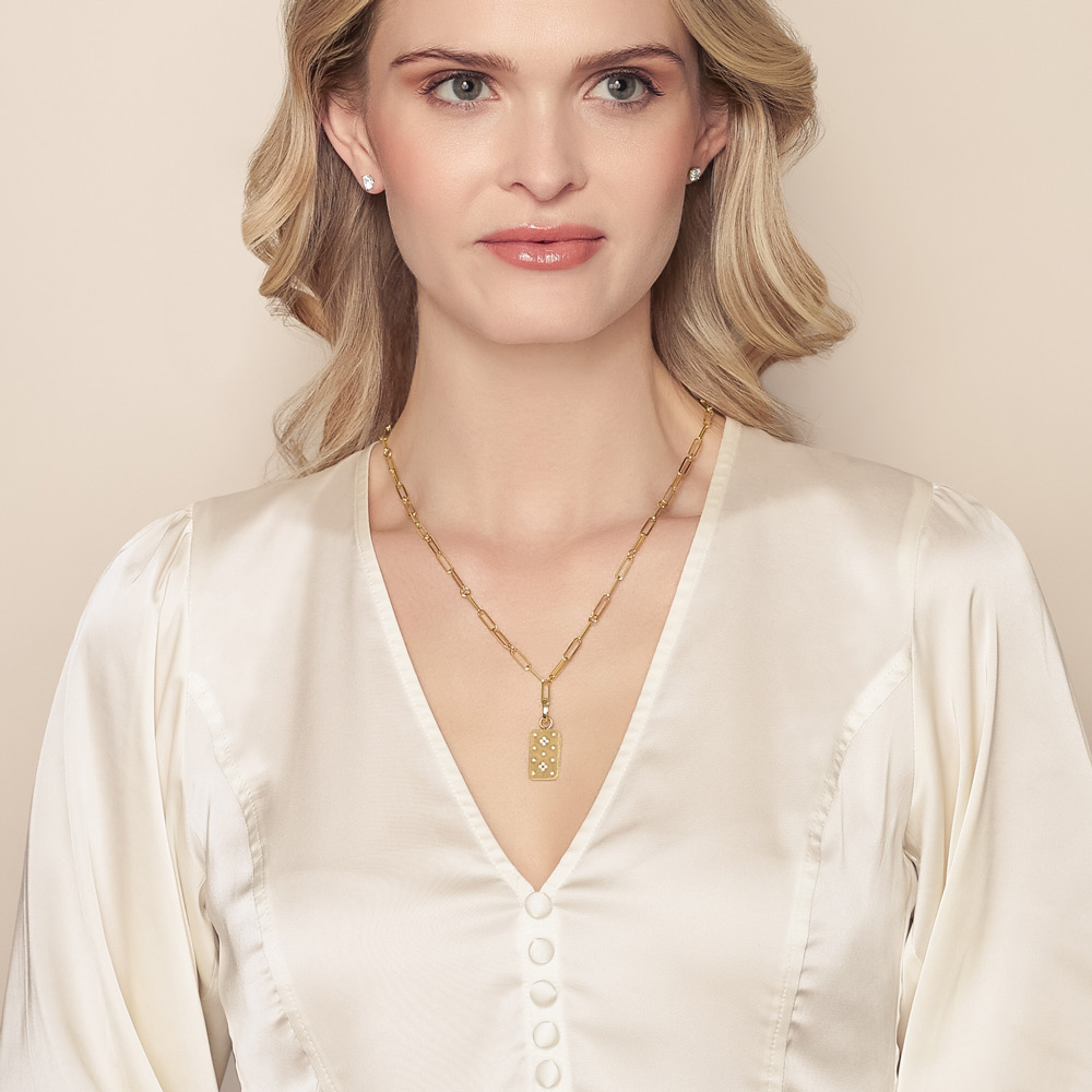 Roberto Coin Venetian Princess Satin Yellow Gold Tag Pendant with Diamonds, 19