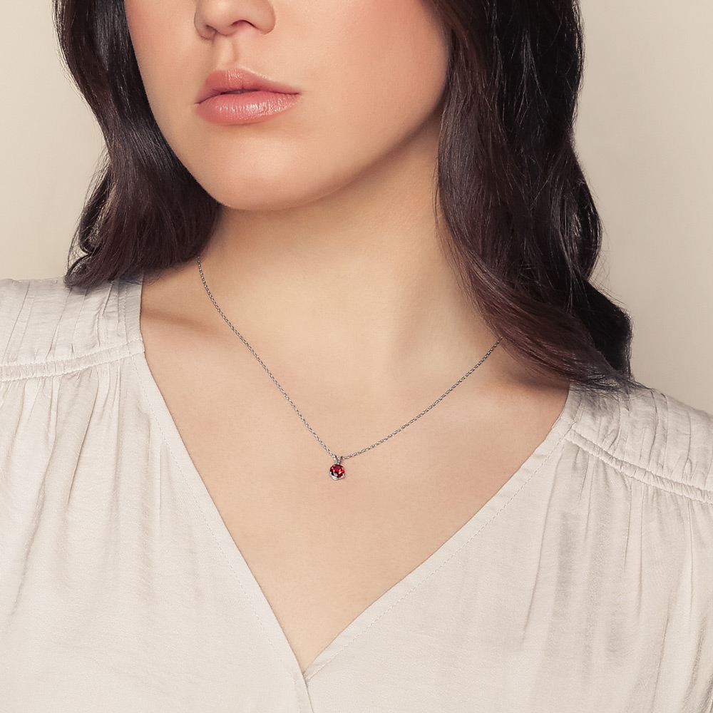 Round Garnet Solitaire Pendant in White Gold, 18