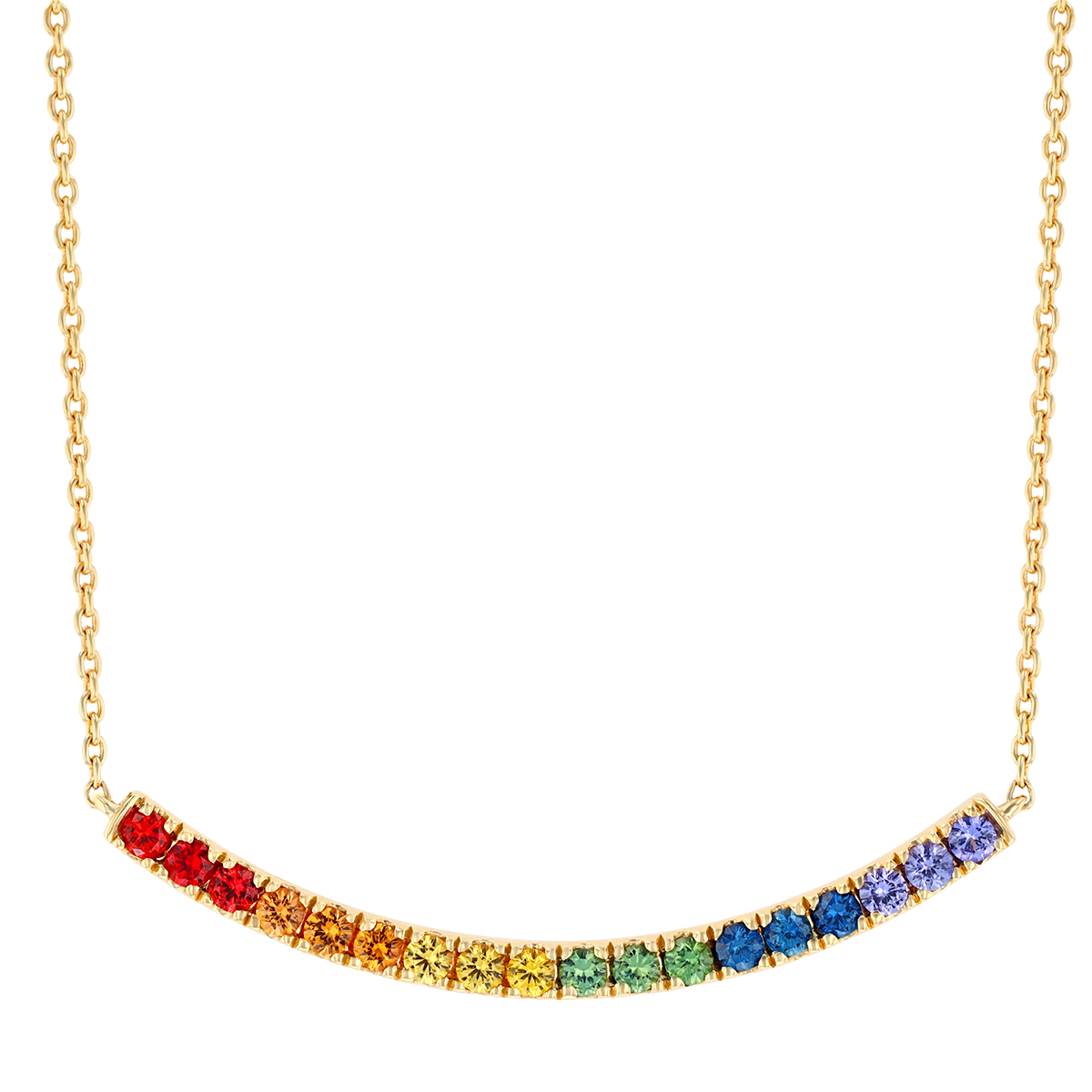 Multicolored Sapphire Curved Bar Necklace in Yellow Gold, 18
