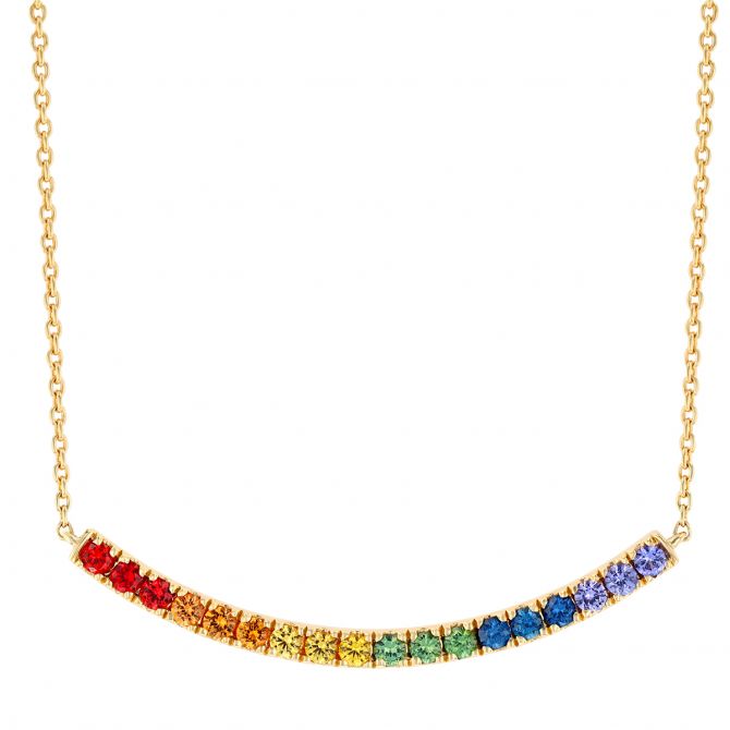 Multicolored Sapphire Curved Bar Necklace in Yellow Gold, 18"