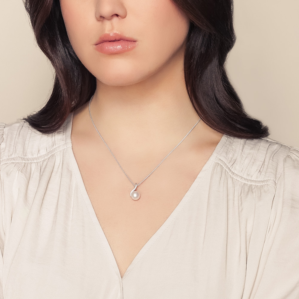 Freshwater Cultured Pearl & Diamond Swirl Pendant Necklace in White Gold