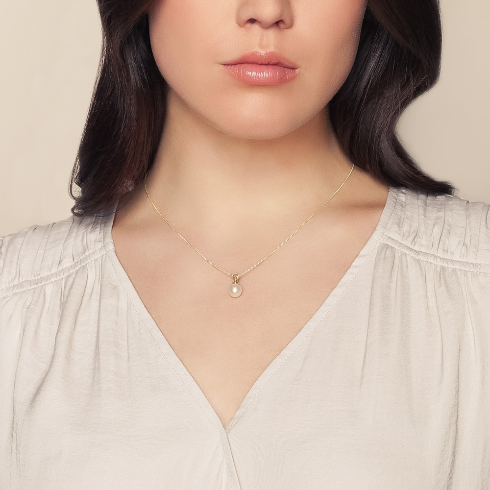 White Freshwater Cultured Pearl & Diamond Bail Pendant in Yellow Gold