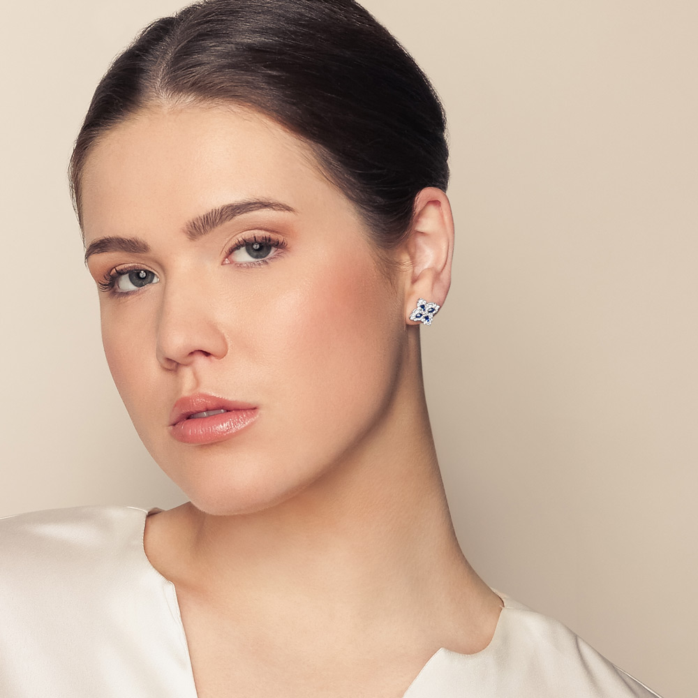 Roberto Coin Medium Princess Flower Diamond & Sapphire Earring Studs in White Gold