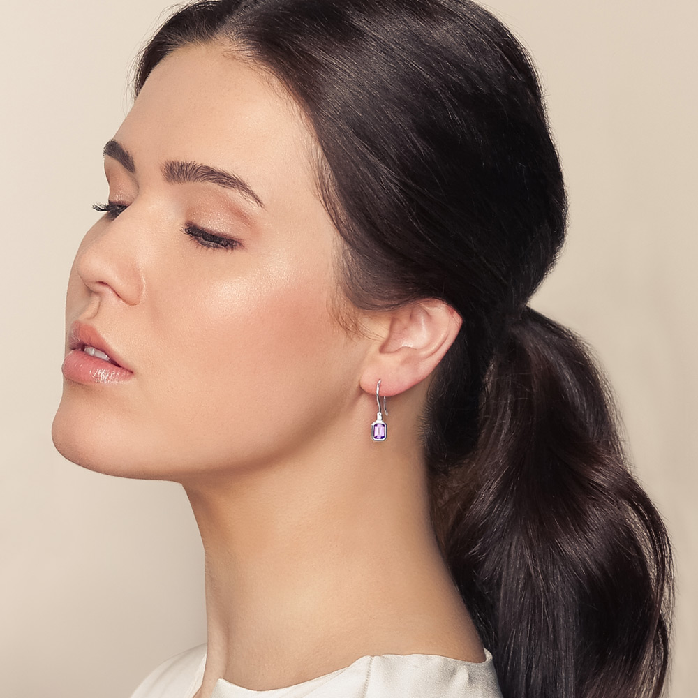 Emerald Cut Amethyst & Diamond Bezel Set Drop Earrings in White Gold