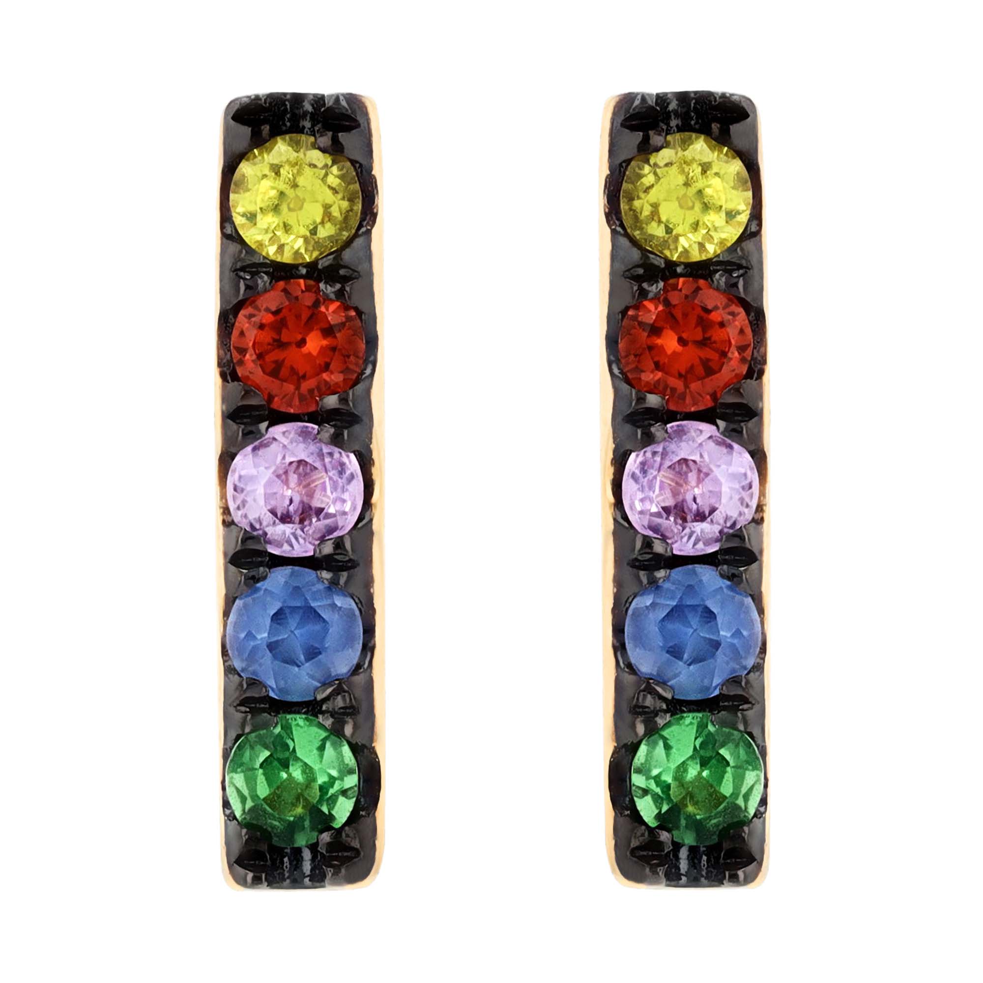Sapphire, Ruby & Tsavorite Bar Stud Earrings in Yellow Gold & Black Rhodium