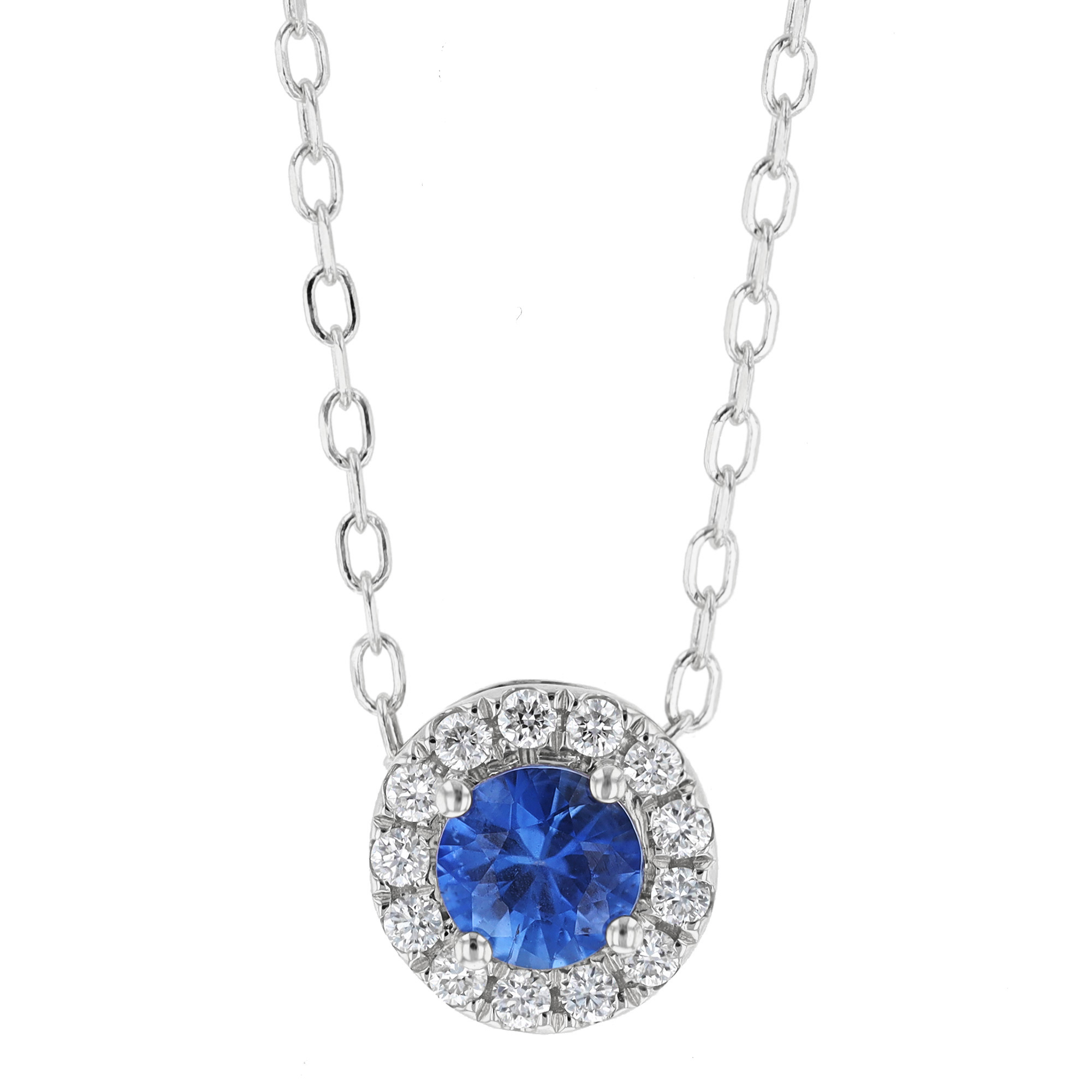 Sapphire & Diamond Halo Pendant Necklace in White Gold