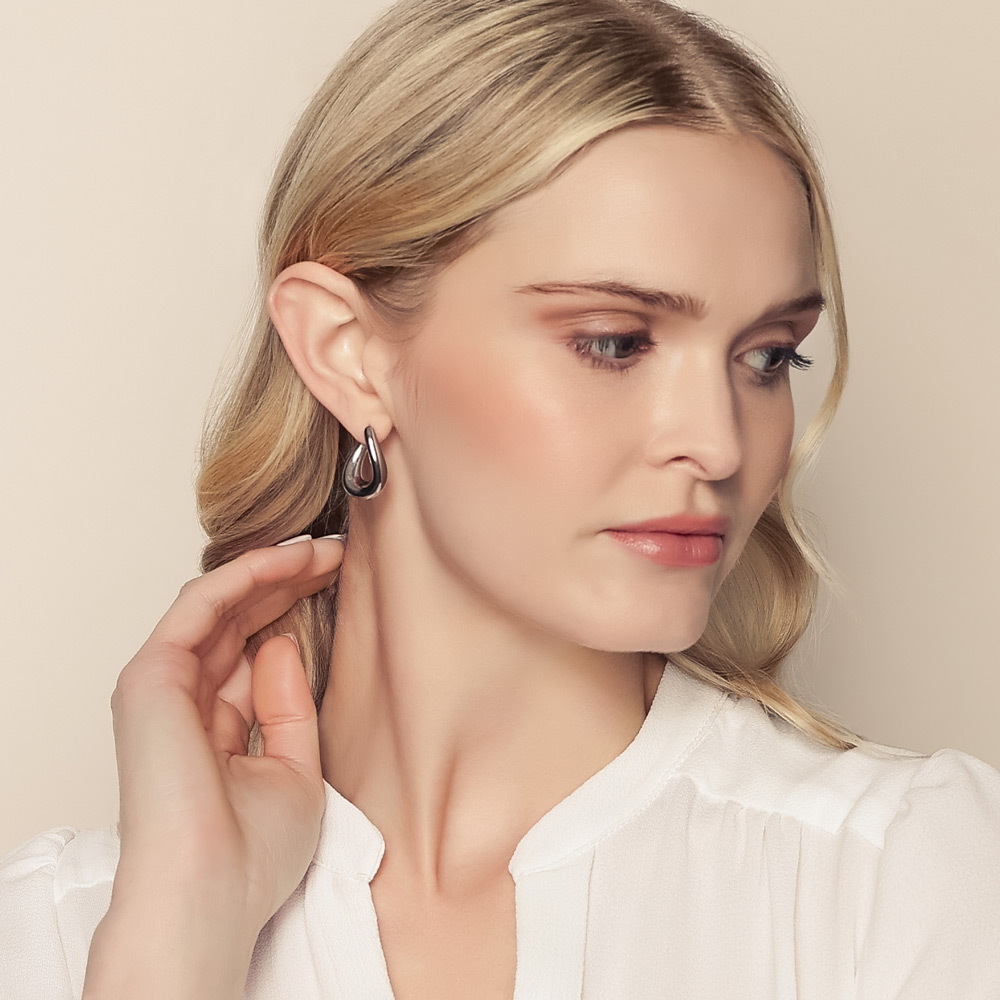 White Gold Oval Twist Puff Hoop Earrings