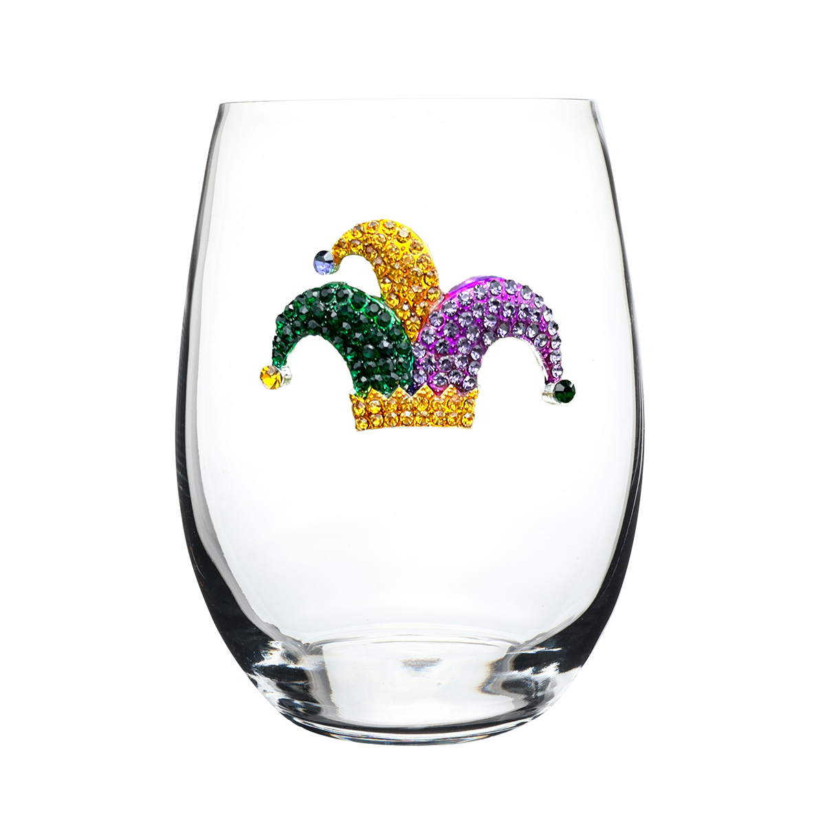 The Queens' Jewels Mardi Gras Jester Hat Stemless Wine Glass Borsheims