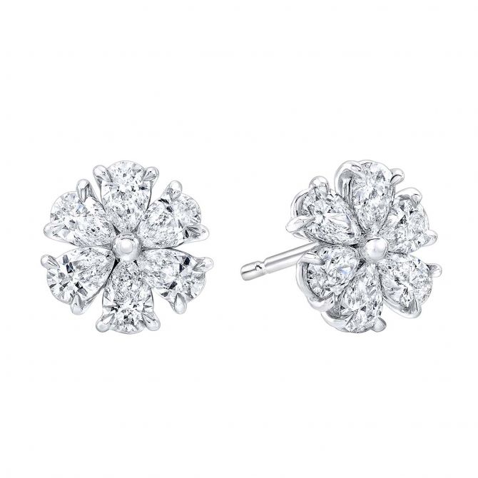 Rahaminov Pear Shaped Diamond Flower Stud Earrings in White Gold, 2.32 cttw