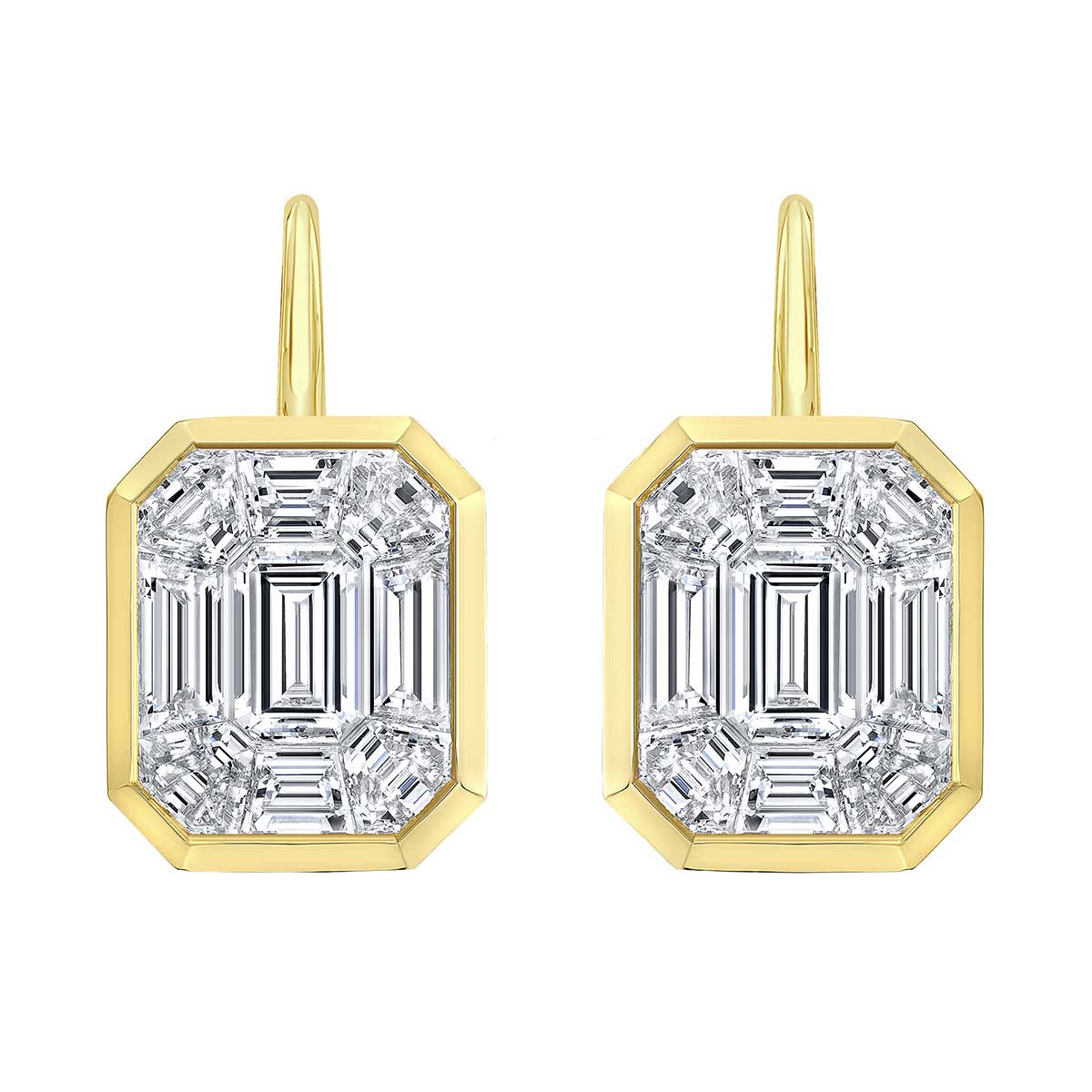 Rahaminov Diamond Mosaic Bezel Set Rectangular Drop Earrings in Yellow Gold, 3.27 cttw