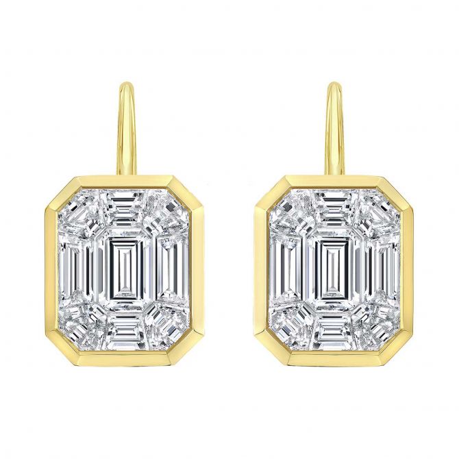 Rahaminov Diamond Mosaic Bezel Set Rectangular Drop Earrings in Yellow Gold, 3.27 cttw