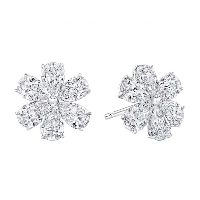 Rahaminov Pear Shaped Diamond Flower Stud Earrings in White Gold, 4.9 cttw